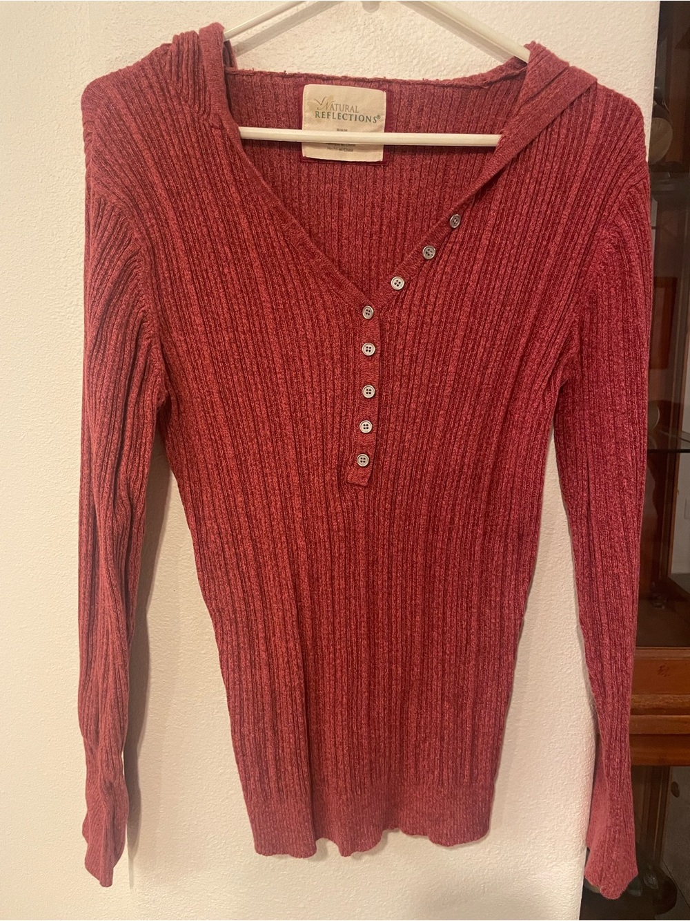 Natural Reflections Ribbed Henley Hoodie Sweater - maroon